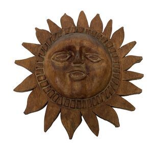 Hand Carved Wooden Sun Face Wall Hanging Celestial Decor Folk Art Vintage Plaque